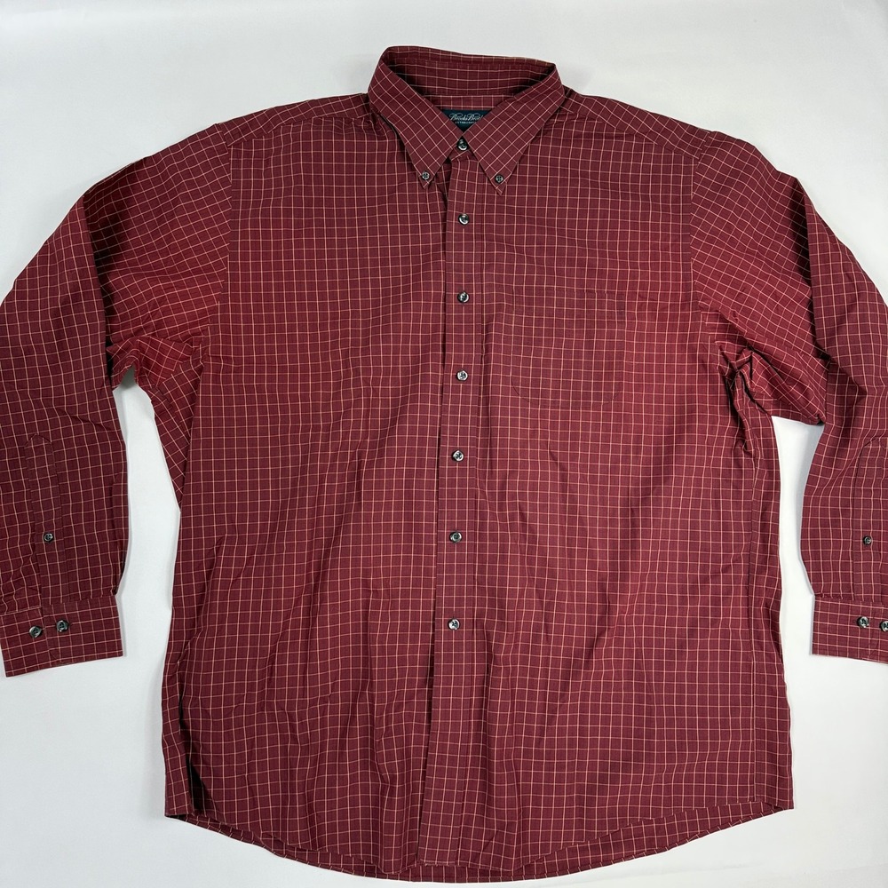 Brooks Brothers Non-Iron Shirt Mens XL Fits Like XXL Burgundy Windowpane Check